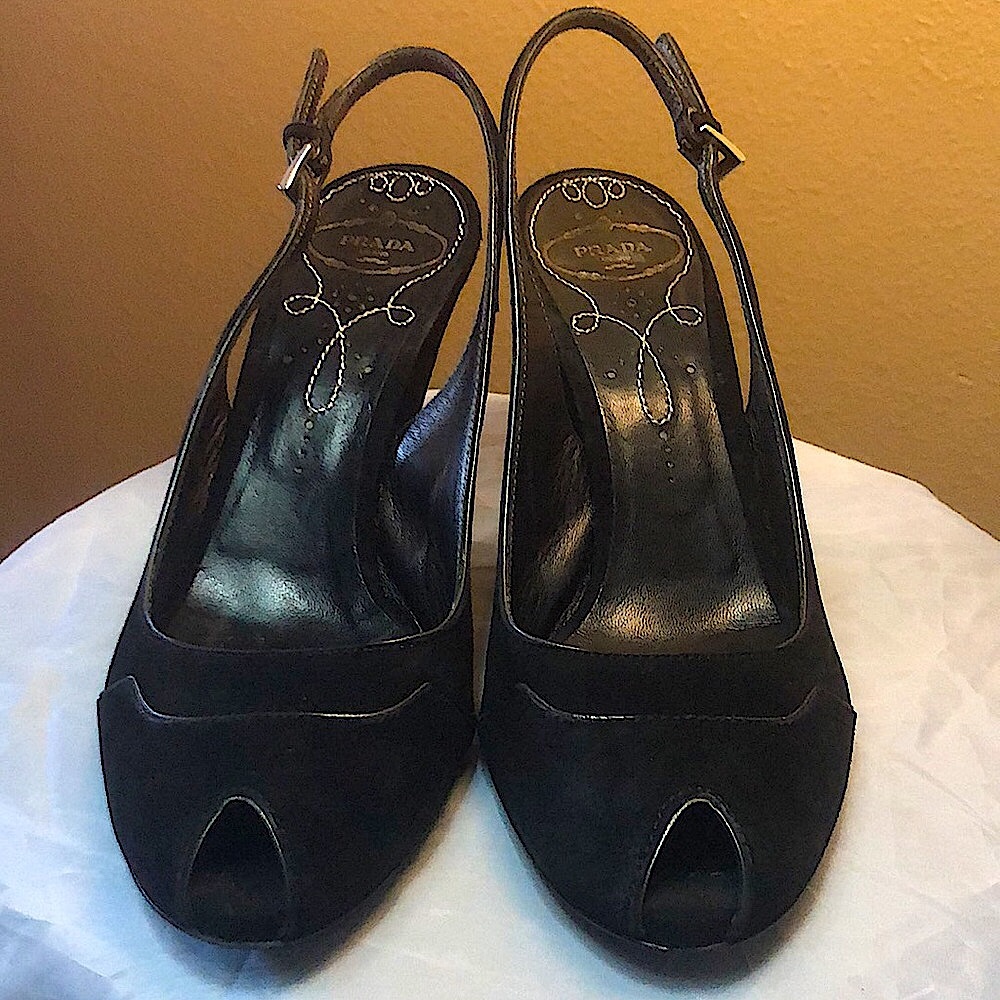 Prada Black Suede Peep-Toe Slingback Wedge Heels - Picture 2 of 8